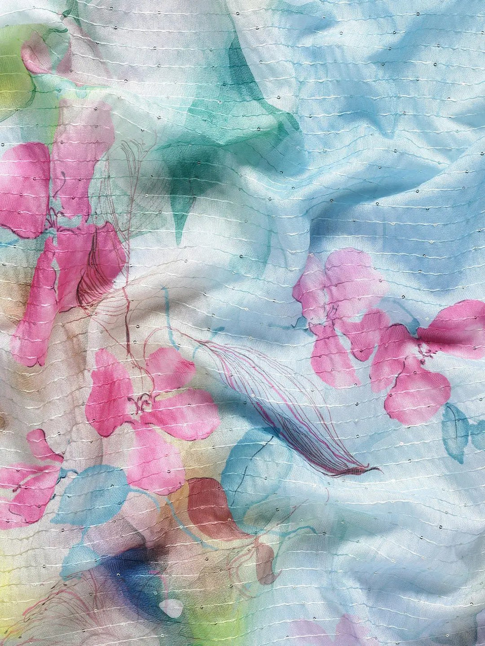  Beautiful Floral Print Silk Saree with Sequenced Work