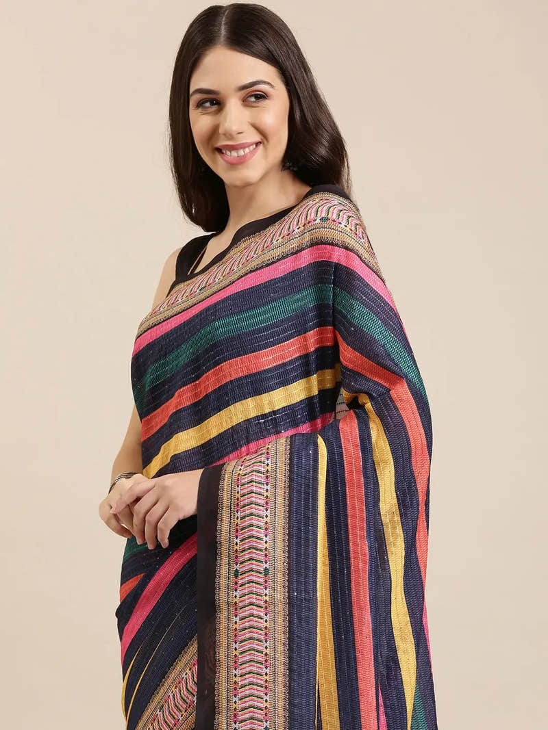 Beautiful Striped Print With Sequinned Work Silk Saree