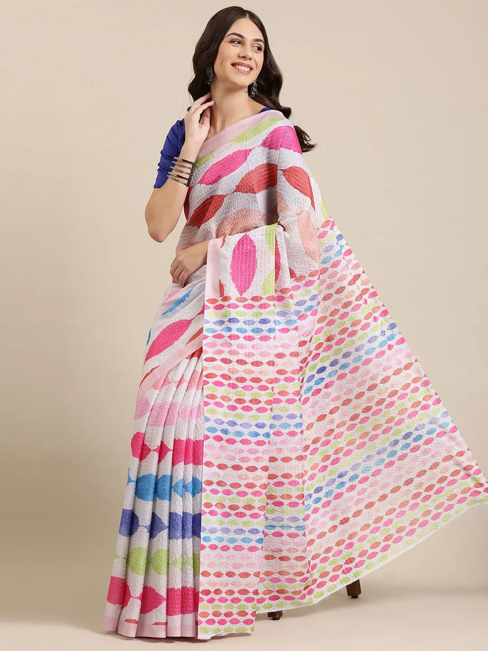 Beautiful Geometric Print With Sequinned Work Silk Saree