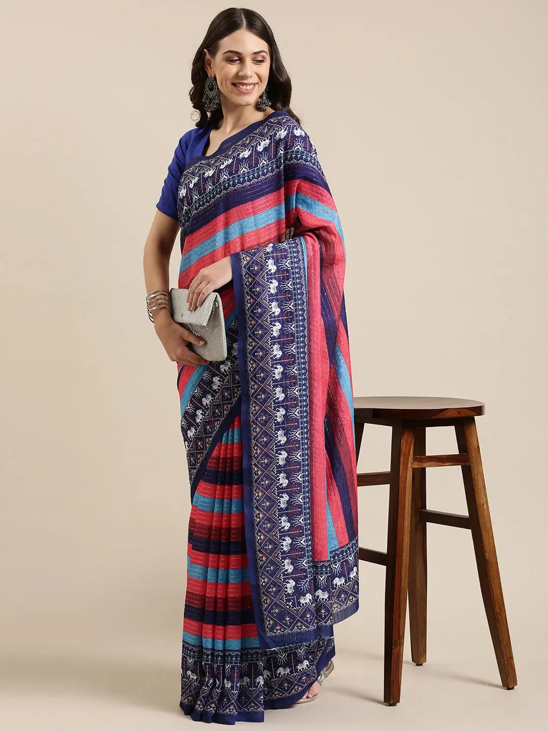 Stylish Striped Print Silk Saree with Sequenced Work