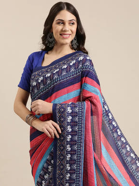 Stylish Striped Print Silk Saree with Sequenced Work