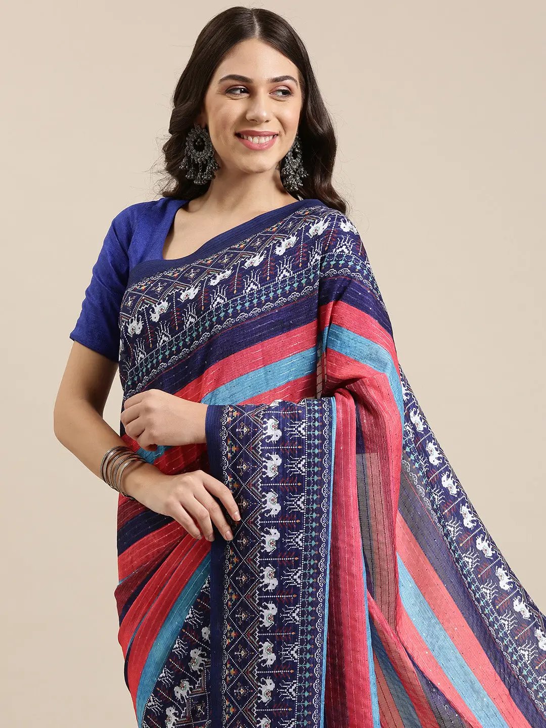 Stylish Striped Print Silk Saree with Sequenced Work
