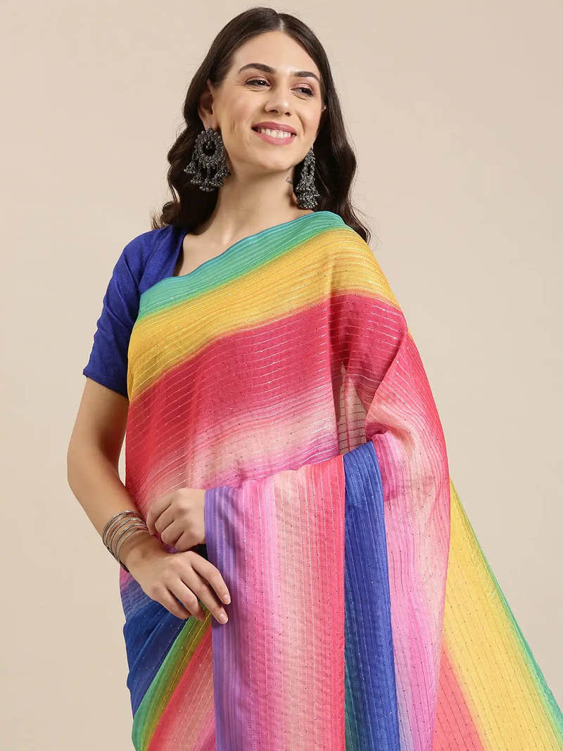 Beautiful Striped Print With Sequinned Work Silk Saree