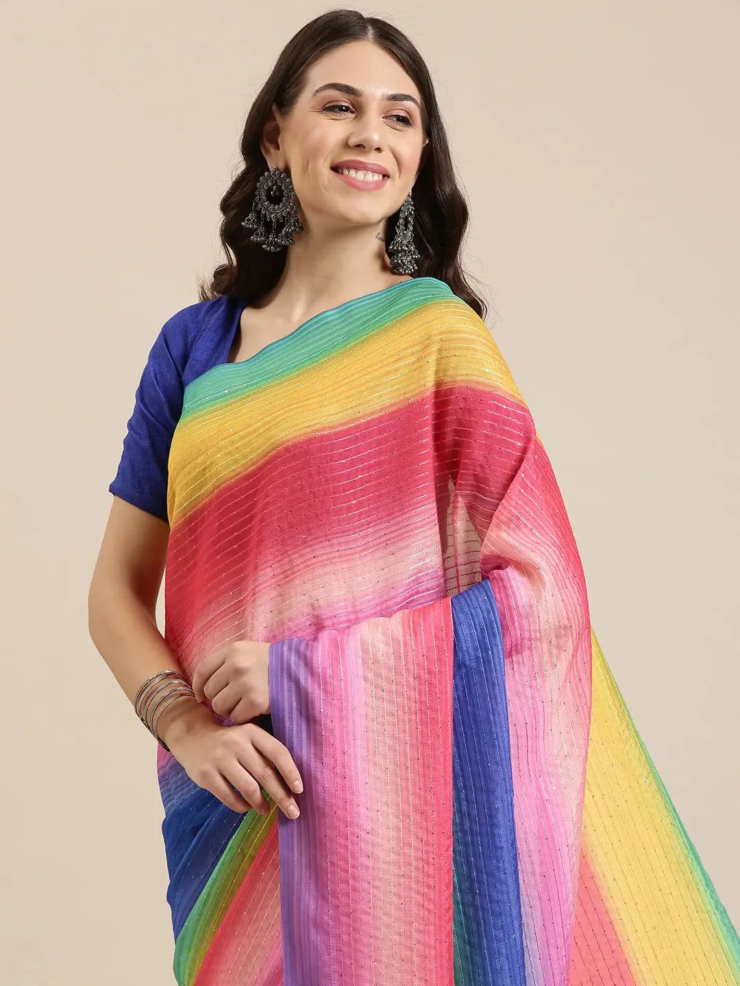  Beautiful Striped Print Silk Saree with Sequence Work