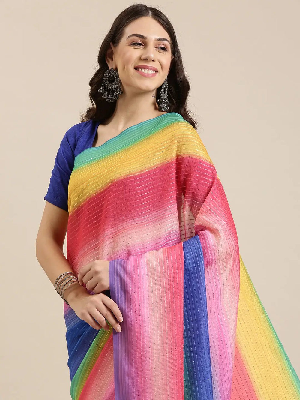  Beautiful Striped Print Silk Saree with Sequence Work