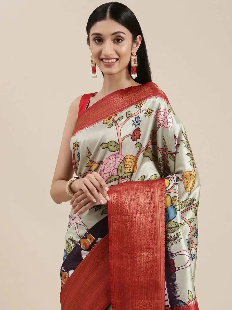 Green Colour Kalamkari Print Kanjivaram Zari Silk Saree