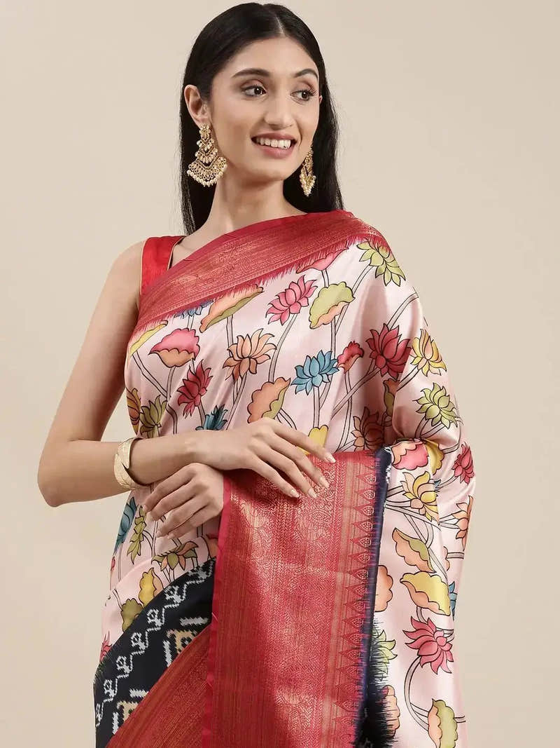 Pink Colour Kalamkari Print Kanjivaram Zari Silk Saree