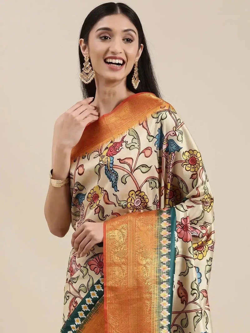 Yellow Colour Kalamkari Print Kanjivaram Zari Silk Saree