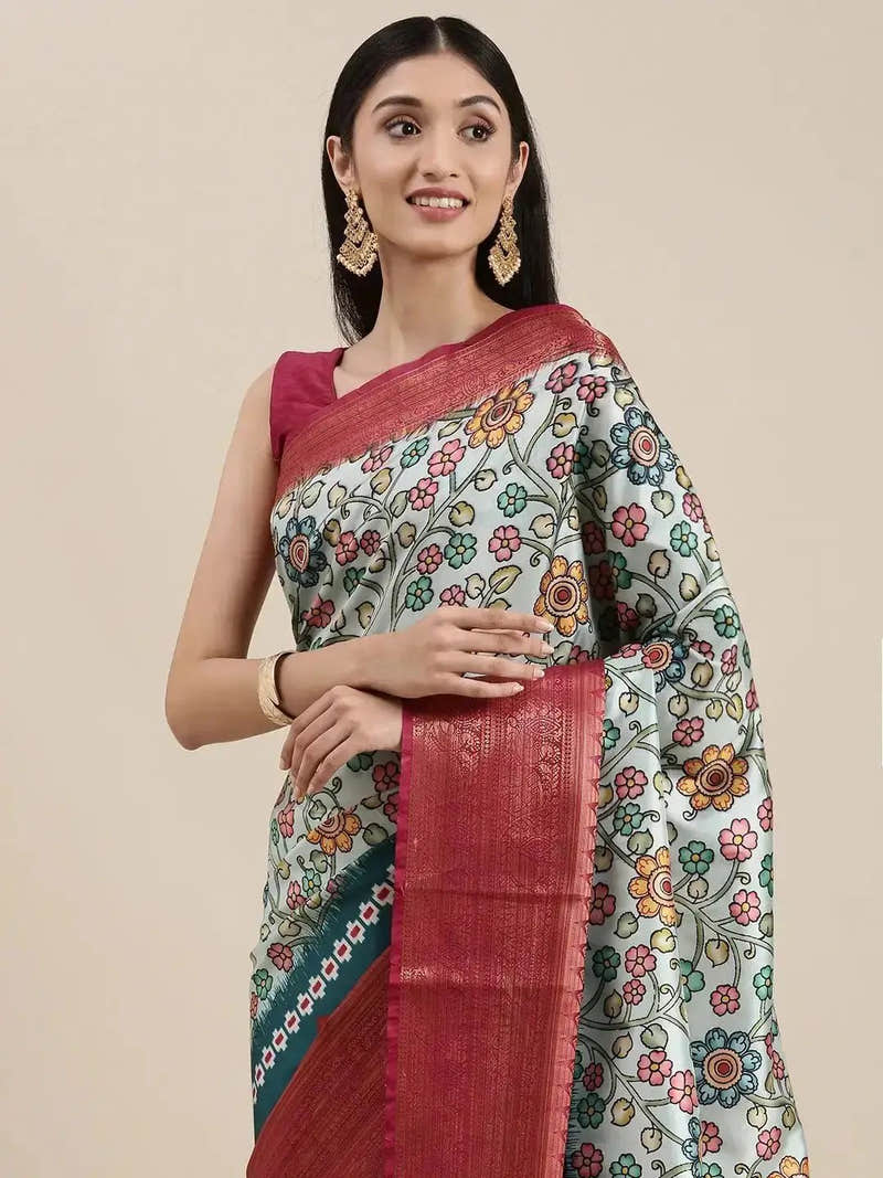 Sky Blue Kalamkari Print Kanjivaram Zari Silk Saree