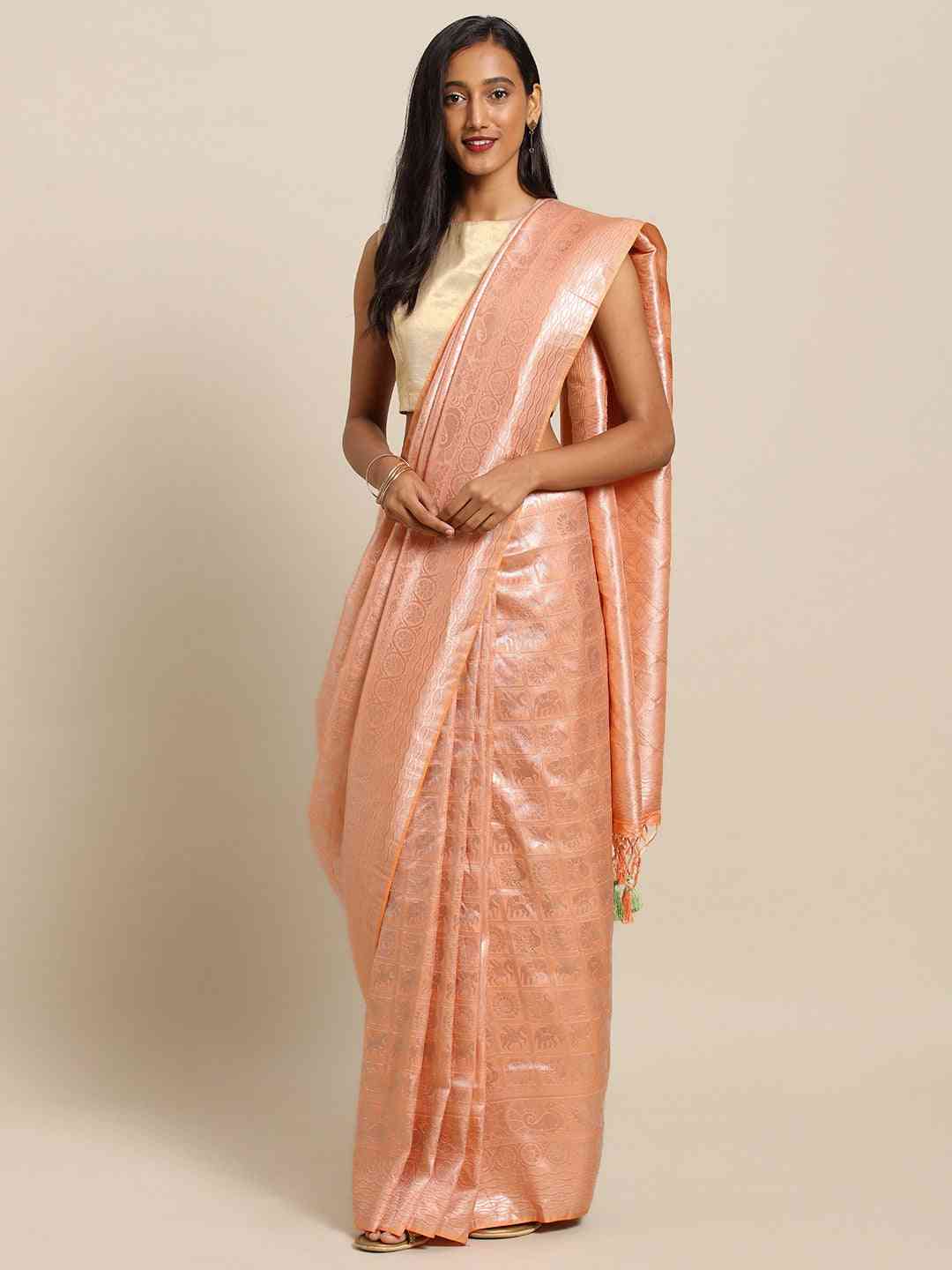 Baluchari Peach Silk Blend Saree