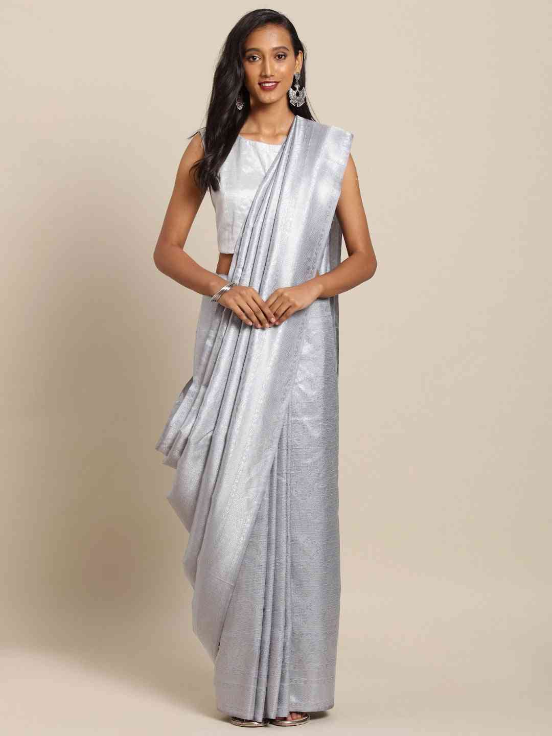 Exclusive Grey Silk Blend Woven Design Baluchari Saree