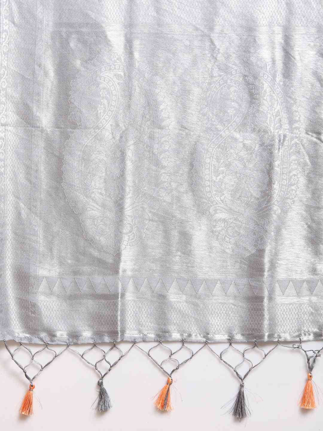 Exclusive Grey Silk Blend Woven Design Baluchari Saree