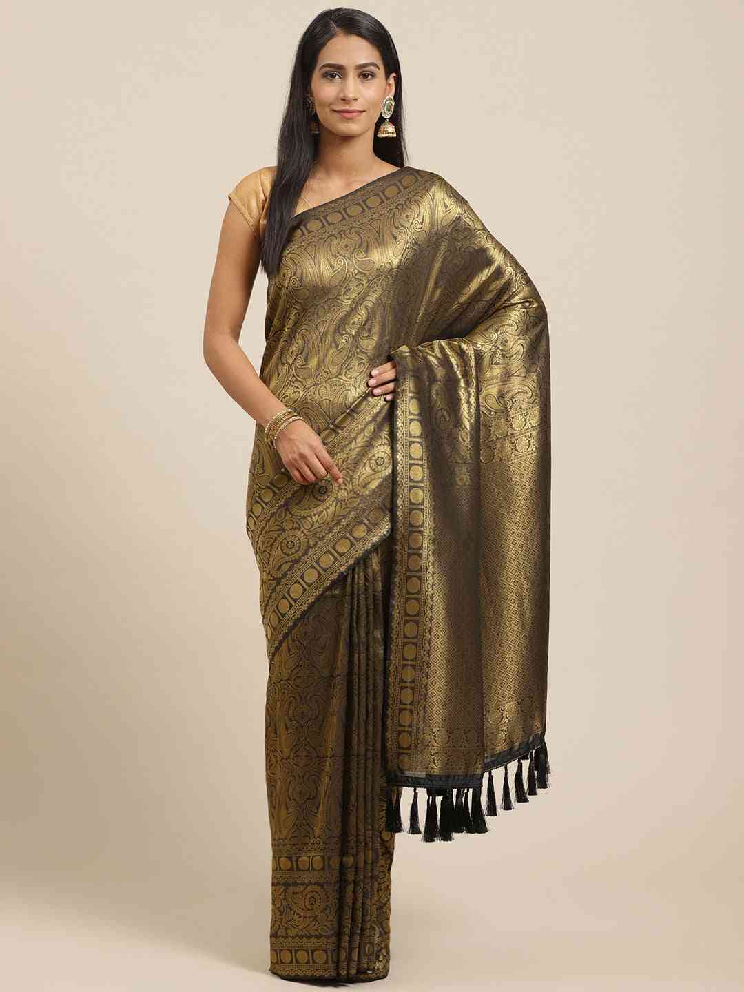 Silk Blend Black Colour Saree with Golden Zari Work 