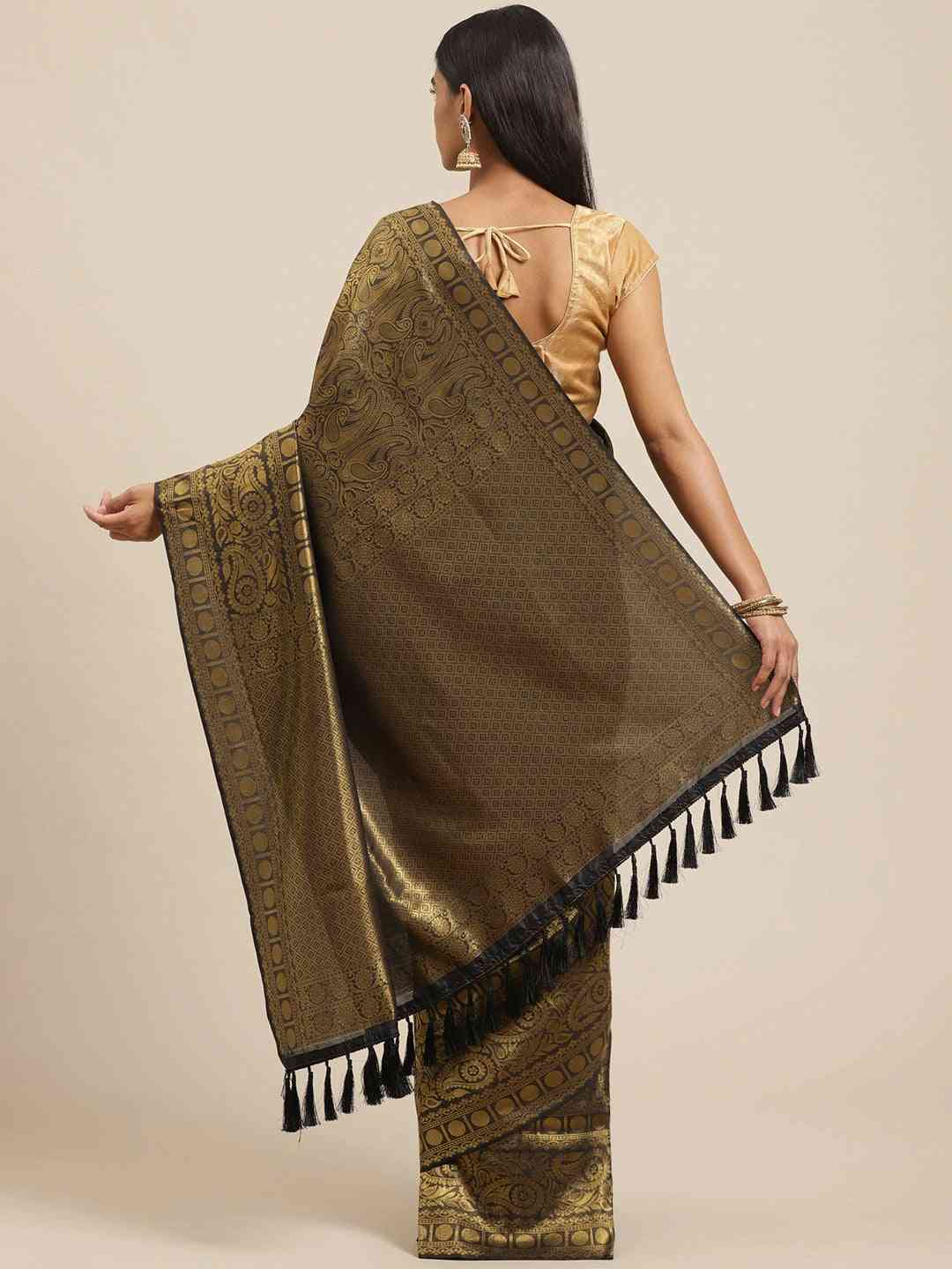 Silk Blend Black Colour Saree with Golden Zari Work 