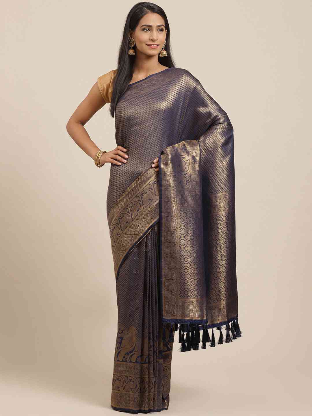 Trendy Navy & Golden Woven Design Banarasi Saree