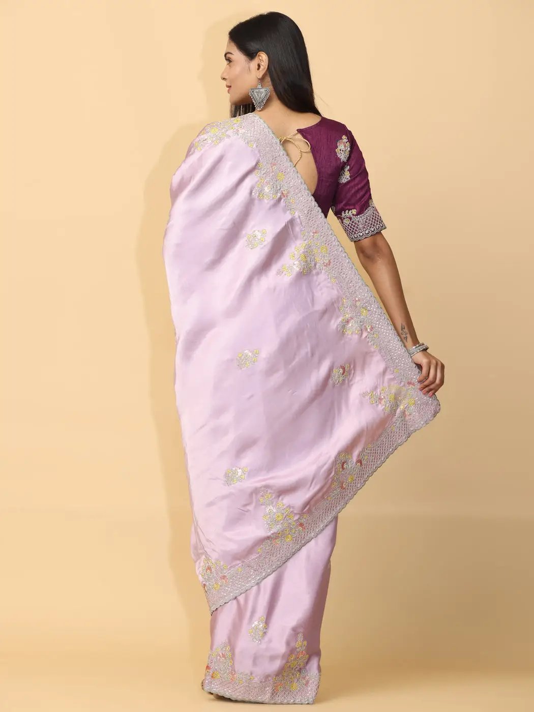 Pastel Lilac Satin Embroidery Saree