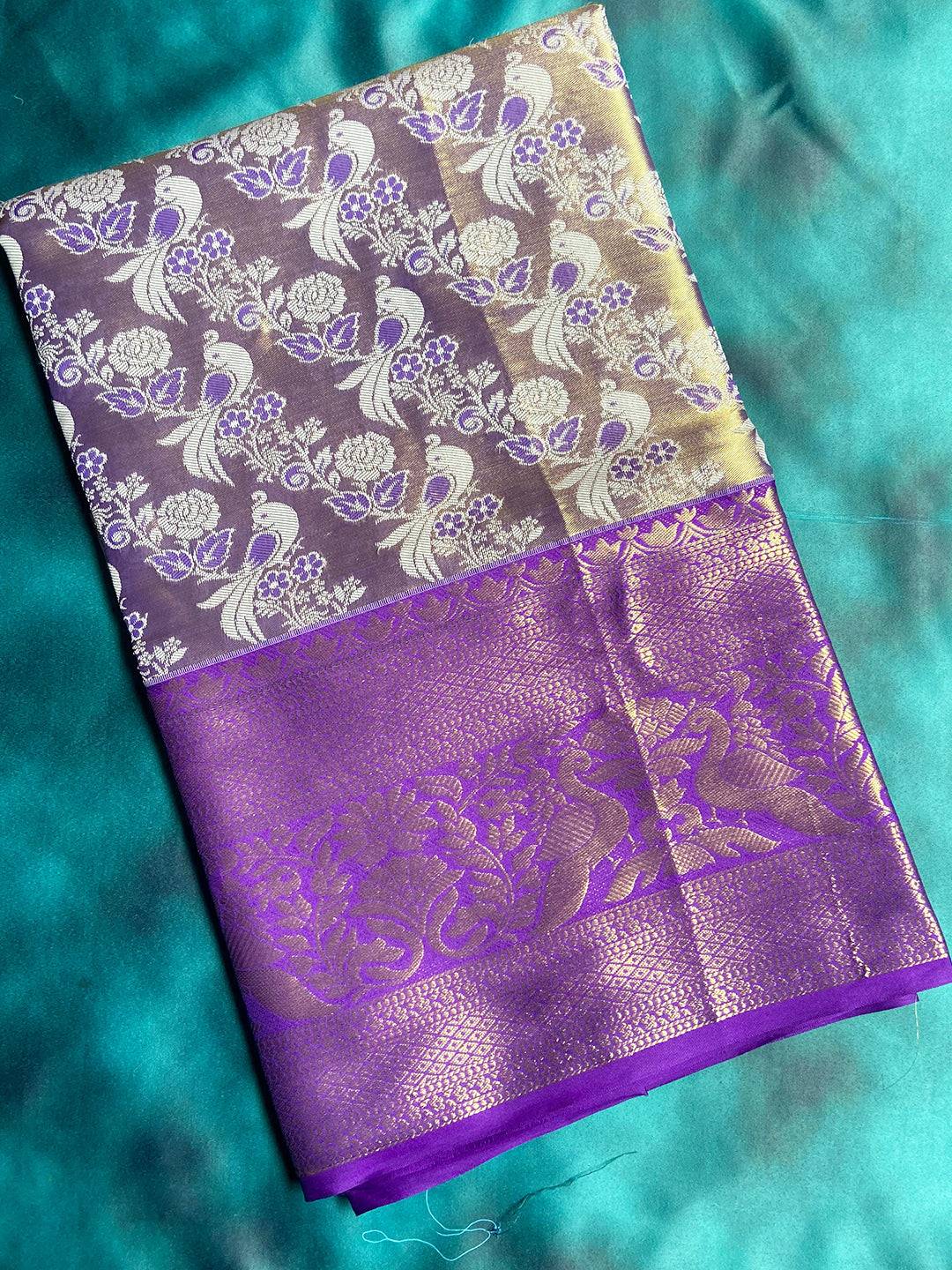 Regal Amethyst and Gold Spero Motif Saree with floral design