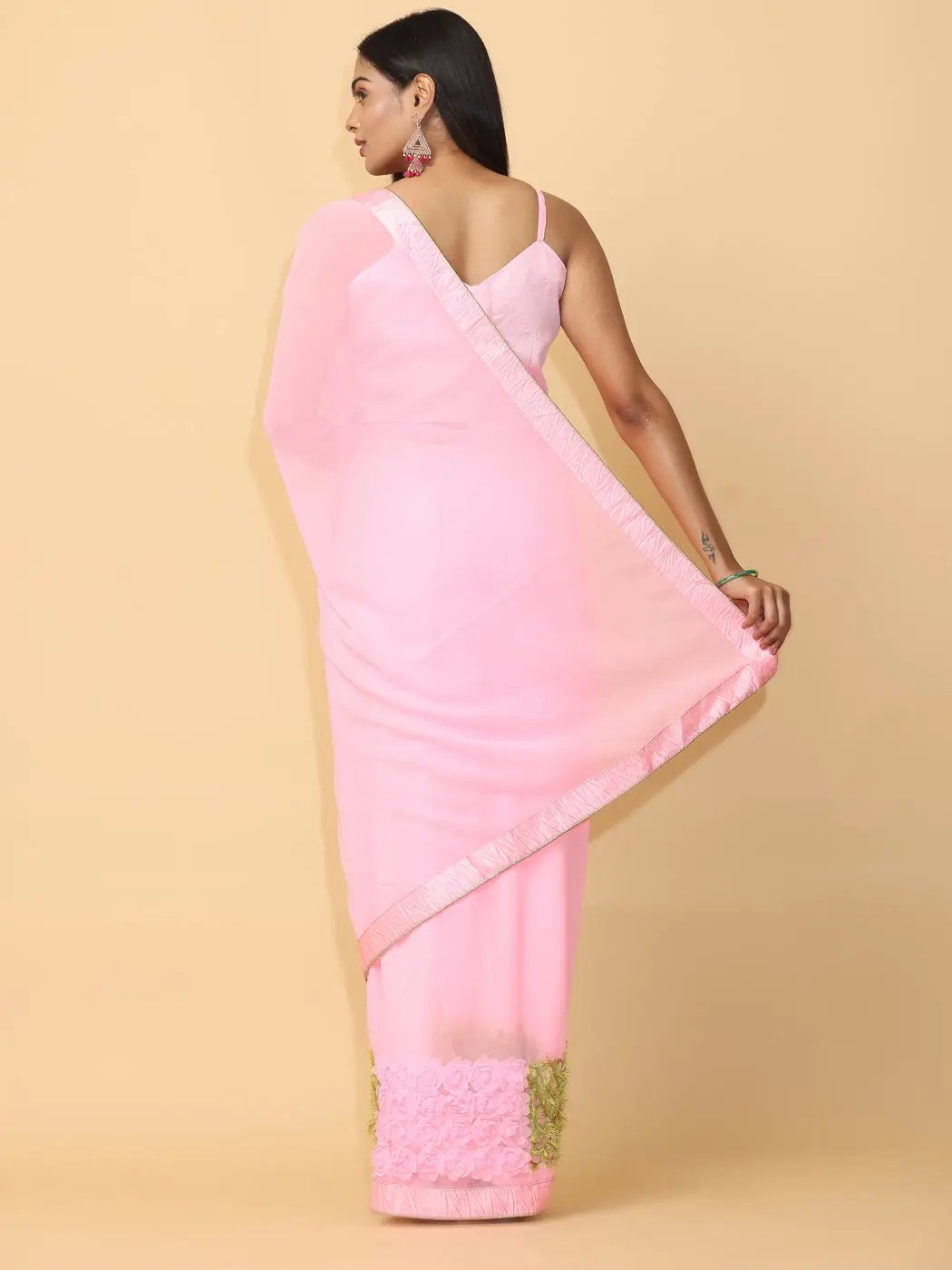 Ribbon Embroidered Poly Georgette Party Wear Saree