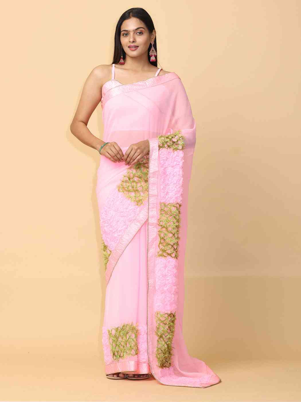 Ribbon Embroidered Poly Georgette Party Wear Saree