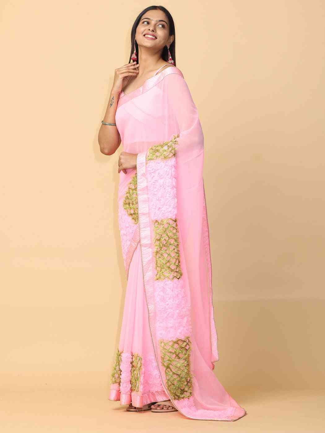 Ribbon Embroidered Poly Georgette Party Wear Saree