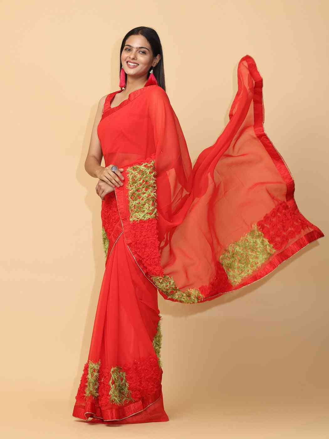 Ribbon Embroidered Poly Georgette Party Wear Saree