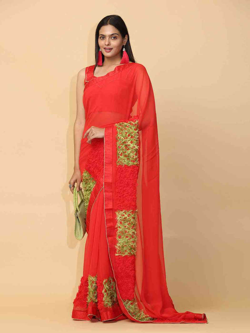 Red Colour Ribbon Poly Georgette Party Wear Saree
