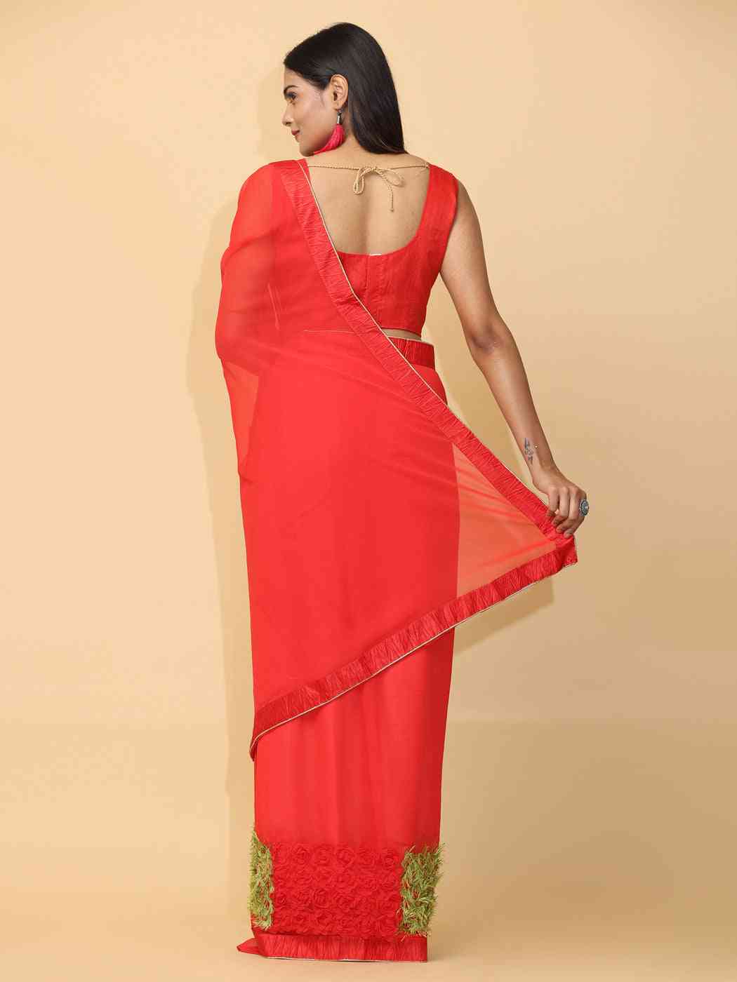 Ribbon Embroidered Poly Georgette Party Wear Saree