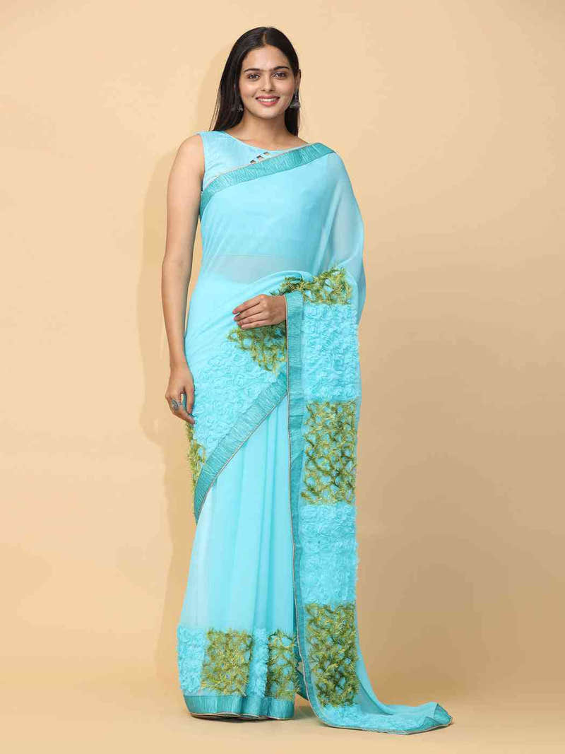 Sky Blue Colour Ribbon Poly Georgette Party Wear Saree