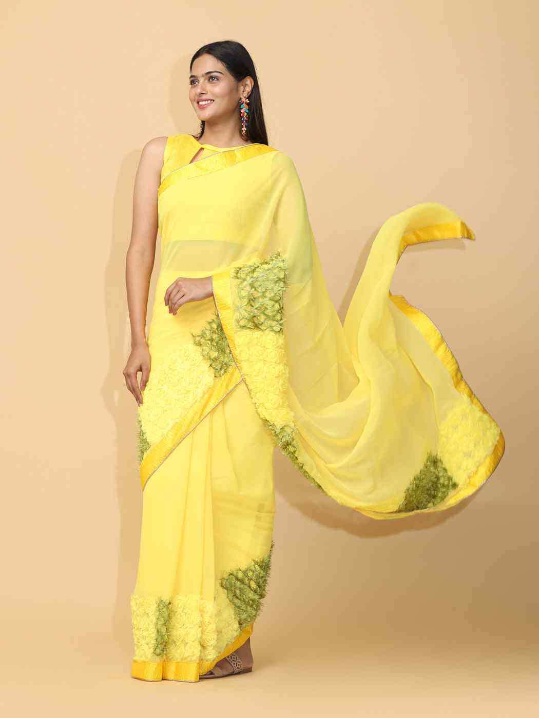 Ribbon Embroidered Poly Georgette Party Wear Saree