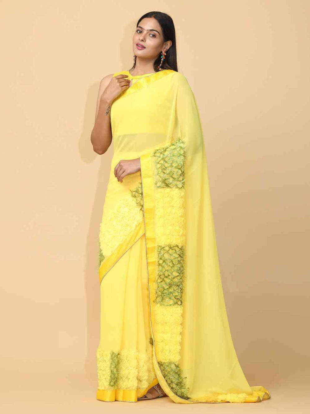 Ribbon Embroidered Poly Georgette Party Wear Saree