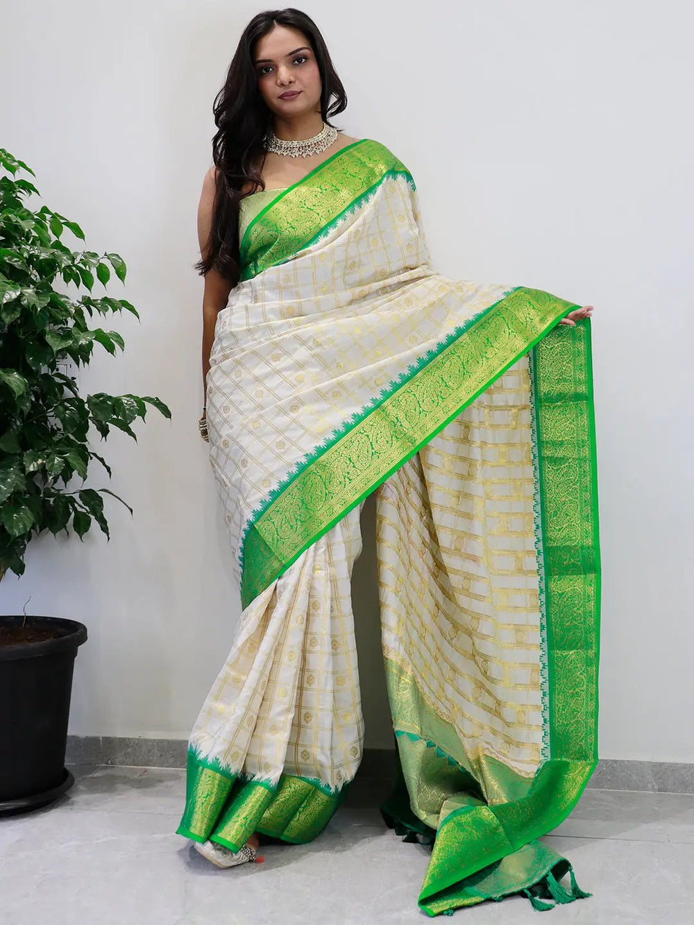 Elegant soft silk Gadwal saree with green temple border
