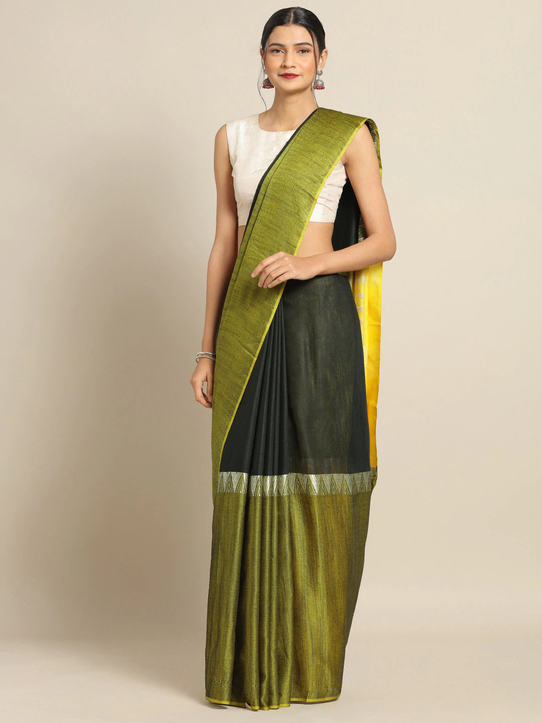  Beautiful Olive Linen Blend Woven Design& Zari Saree