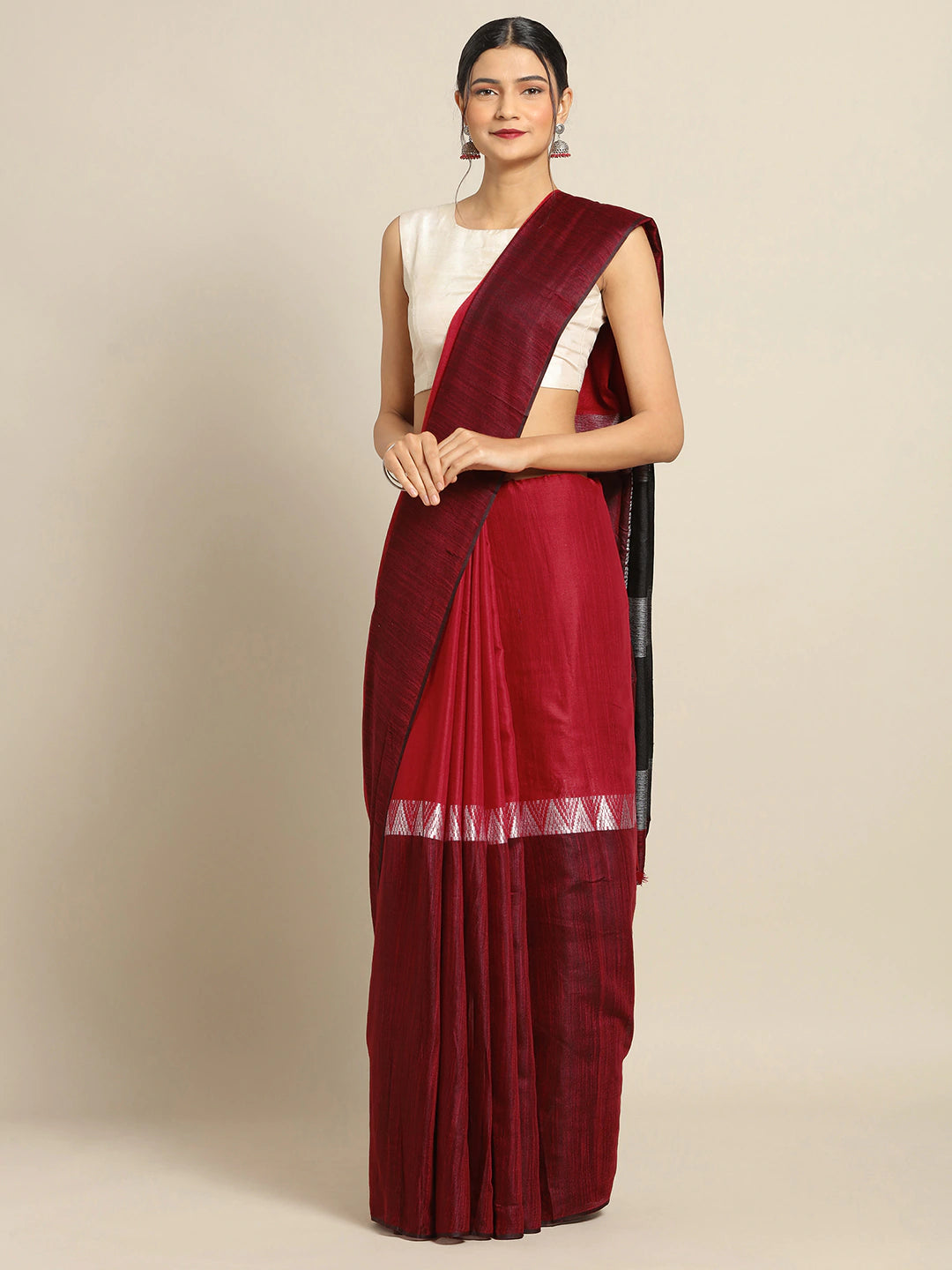  Stylish Maroon Linen Blend Woven Design Zari Saree