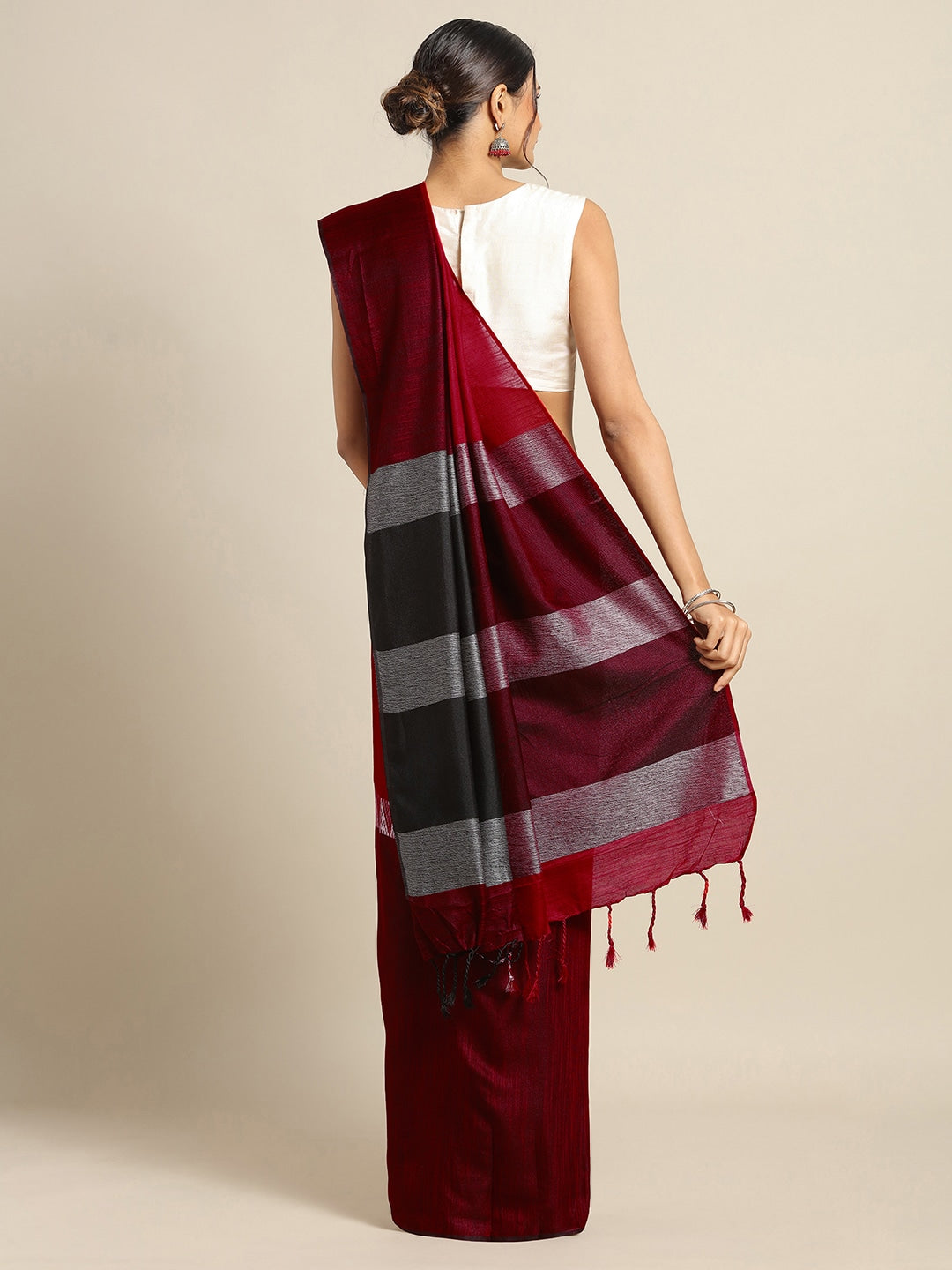  Stylish Maroon Linen Blend Woven Design Zari Saree