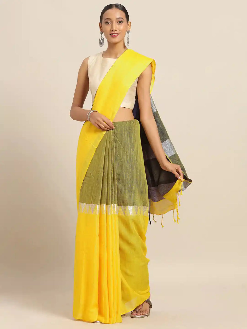 Stylish Yellow Colour Linen Blend Zari Saree