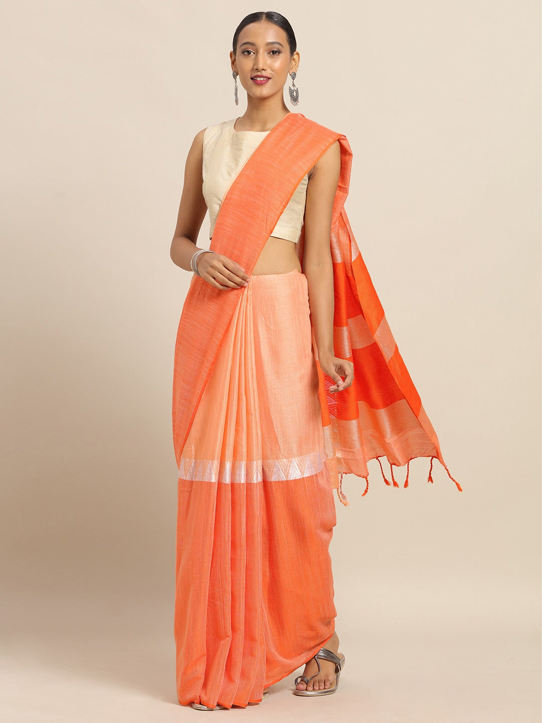  Stylish Orange linen blend woven design Zari saree