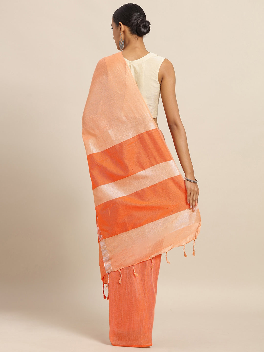  Stylish Orange linen blend woven design Zari saree