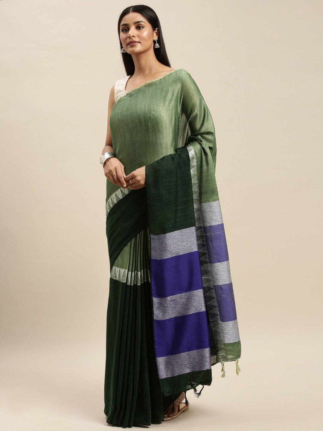  Olive Green & Blue Colour Linen Banarasi Saree