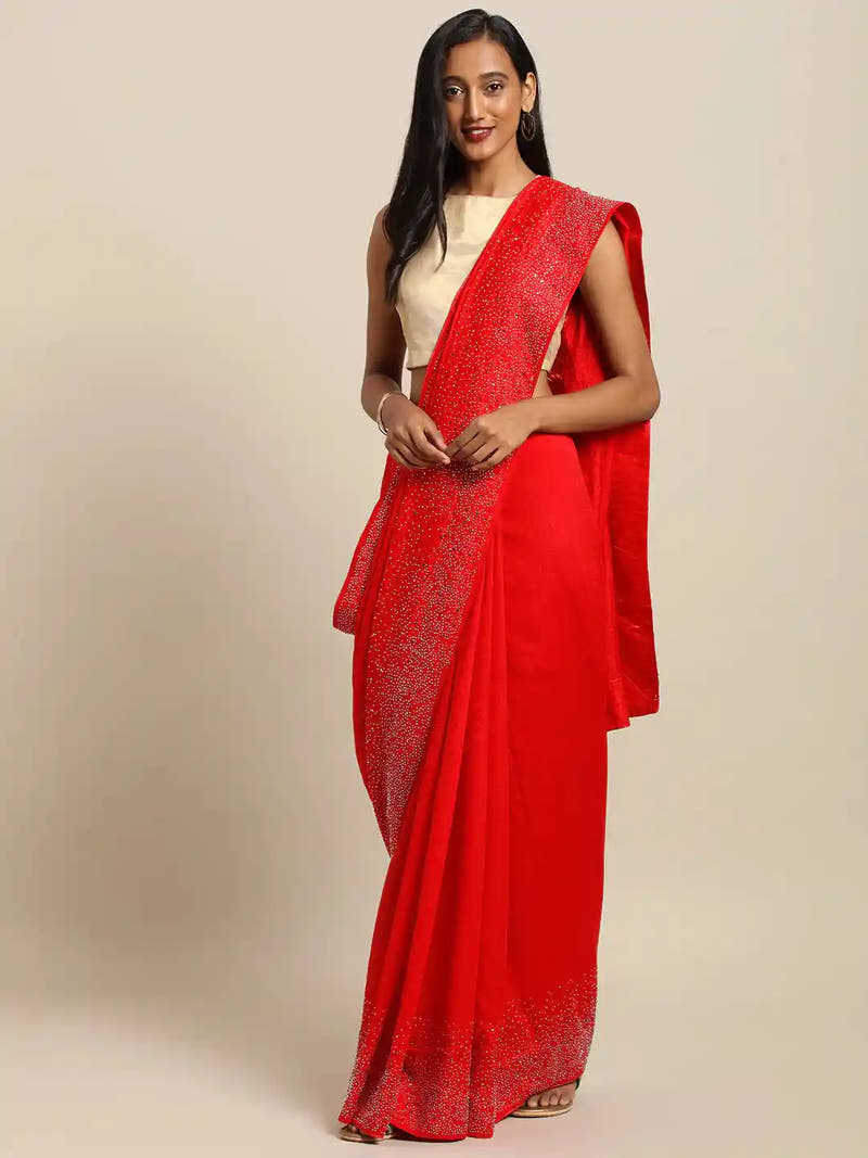  Embellished Poly Silk Red Saree with Blouse