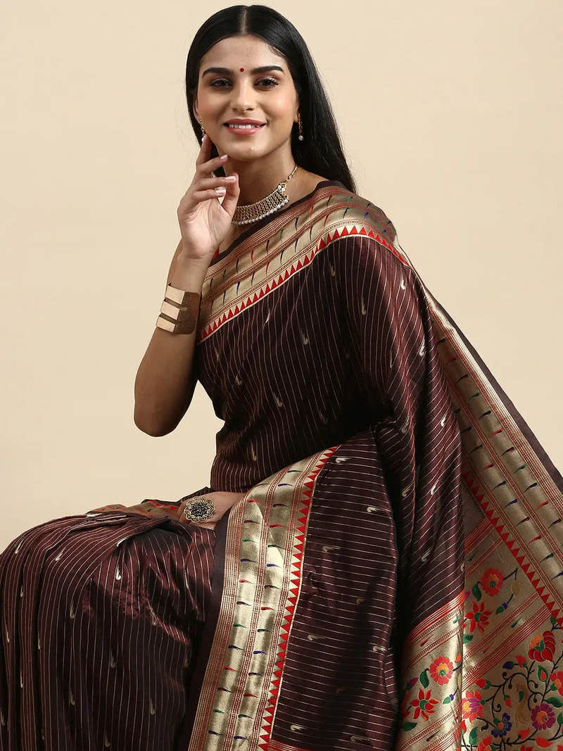 Beautiful Yevla Paithani Brown Colour Minakari Work Silk Saree