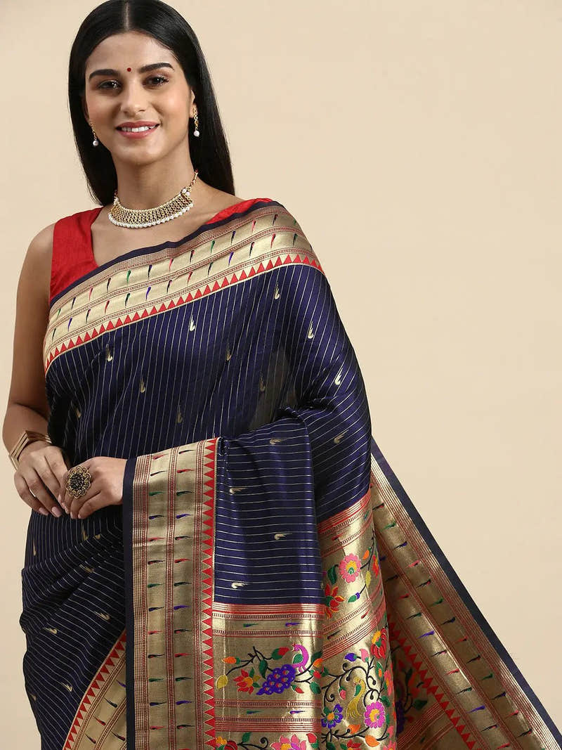 Exquisite Yevla Paithani Navy Colour Minakari Work Silk Saree