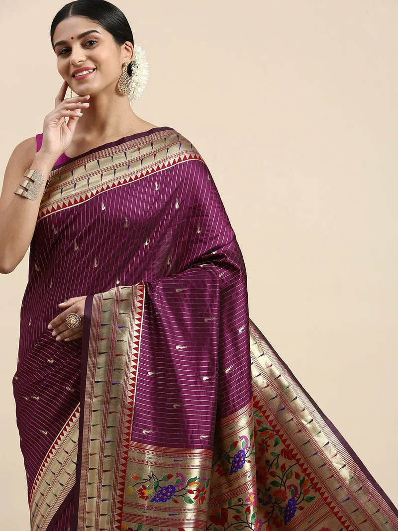 Wine Colour Yevla Paithani Minakari Work Silk Saree
