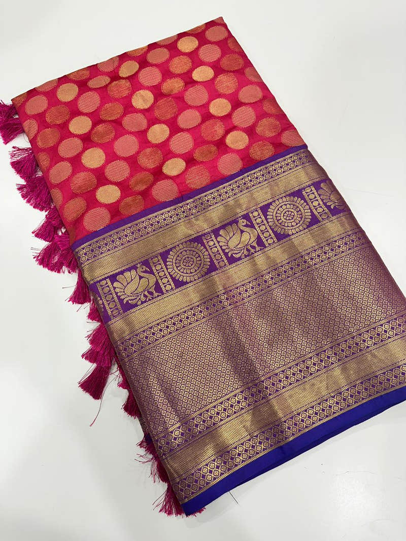 Rani Pink Soft Silk Zari Polka Dot Saree with Purple Border