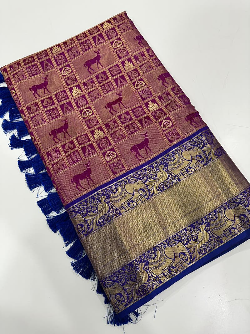 Banarasi Kanchi Ethnic Zari Motif Wine Colour Festive Wear Saree