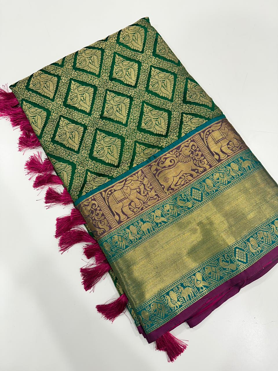 Banarasi Silk Cotton Green Colour Woven Design Saree