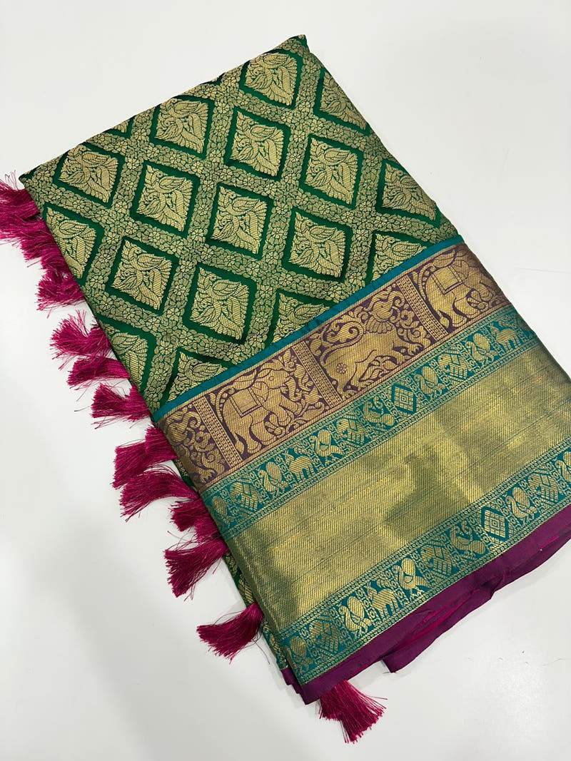 Banarasi Silk Cotton Green Colour Woven Design Saree