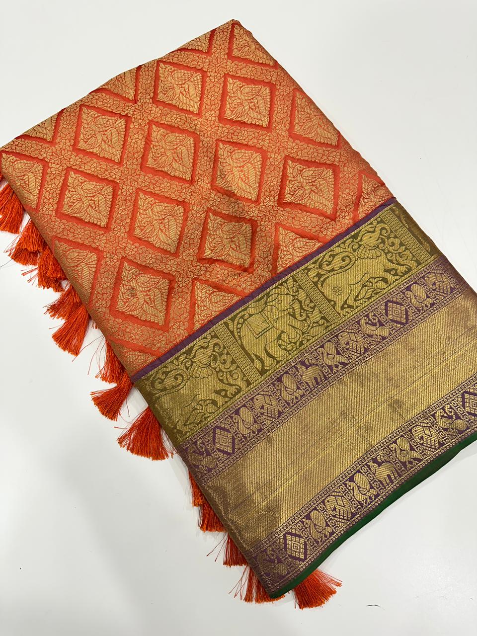 Banarasi Silk Cotton Orange Colour Woven Design Saree
