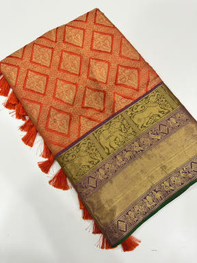 Banarasi Silk Cotton Orange Colour Woven Design Saree