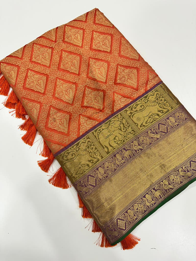 Banarasi Silk Cotton Orange Colour Woven Design Saree