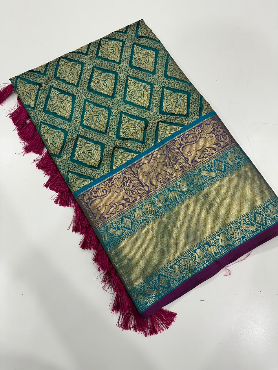 Banarasi Silk Cotton Teal Colour Woven Design Saree